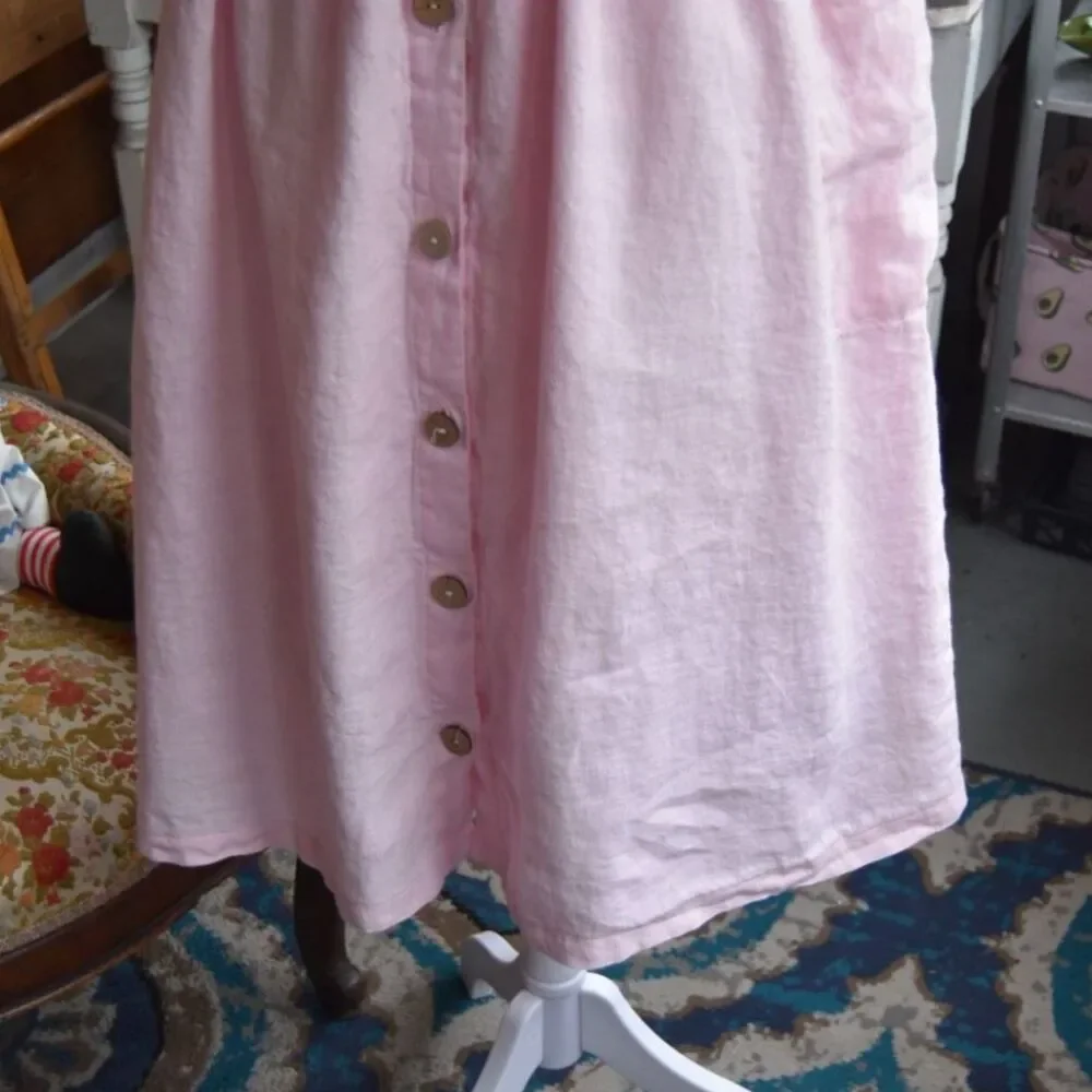 Y2K Does 50s Pink Linen Button Front Midi Skirt Pockets Cottagecore Size S
